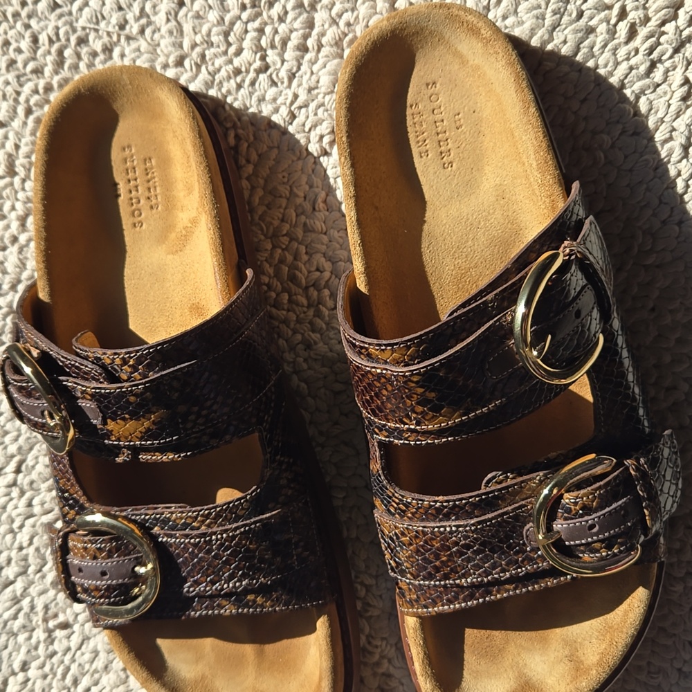 Sezane Lenny Low Mules Khaki Python Print - Size 7